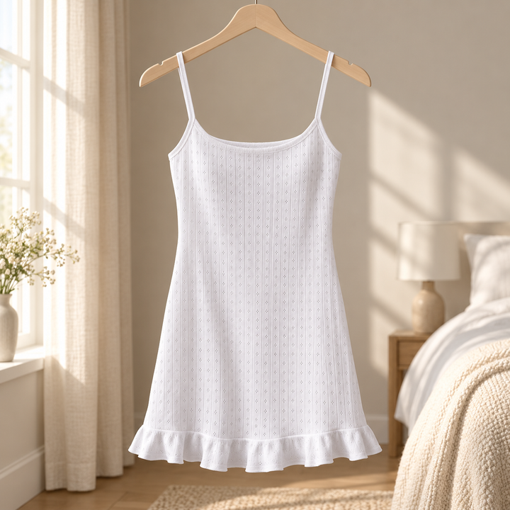 100% Cotton Pointelle Nightgown, Ruffle Hem Mini Chemise