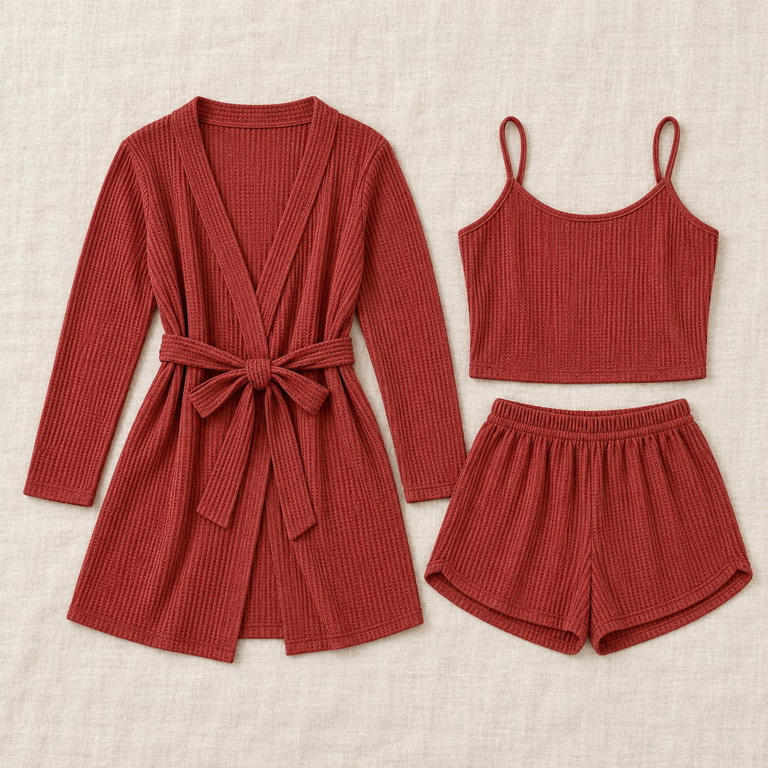 Waffle 3-Piece Lounge Set for Women, Cami, Shorts and Robe