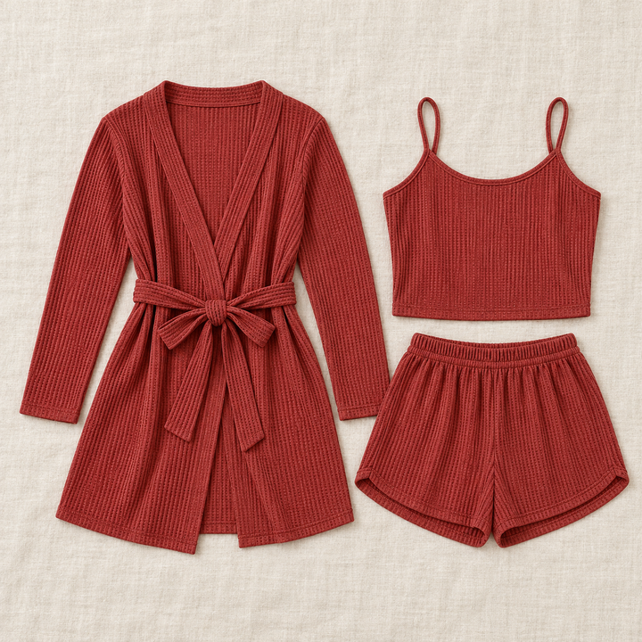 Waffle 3-Piece Lounge Set for Women, Cami, Shorts and Robe