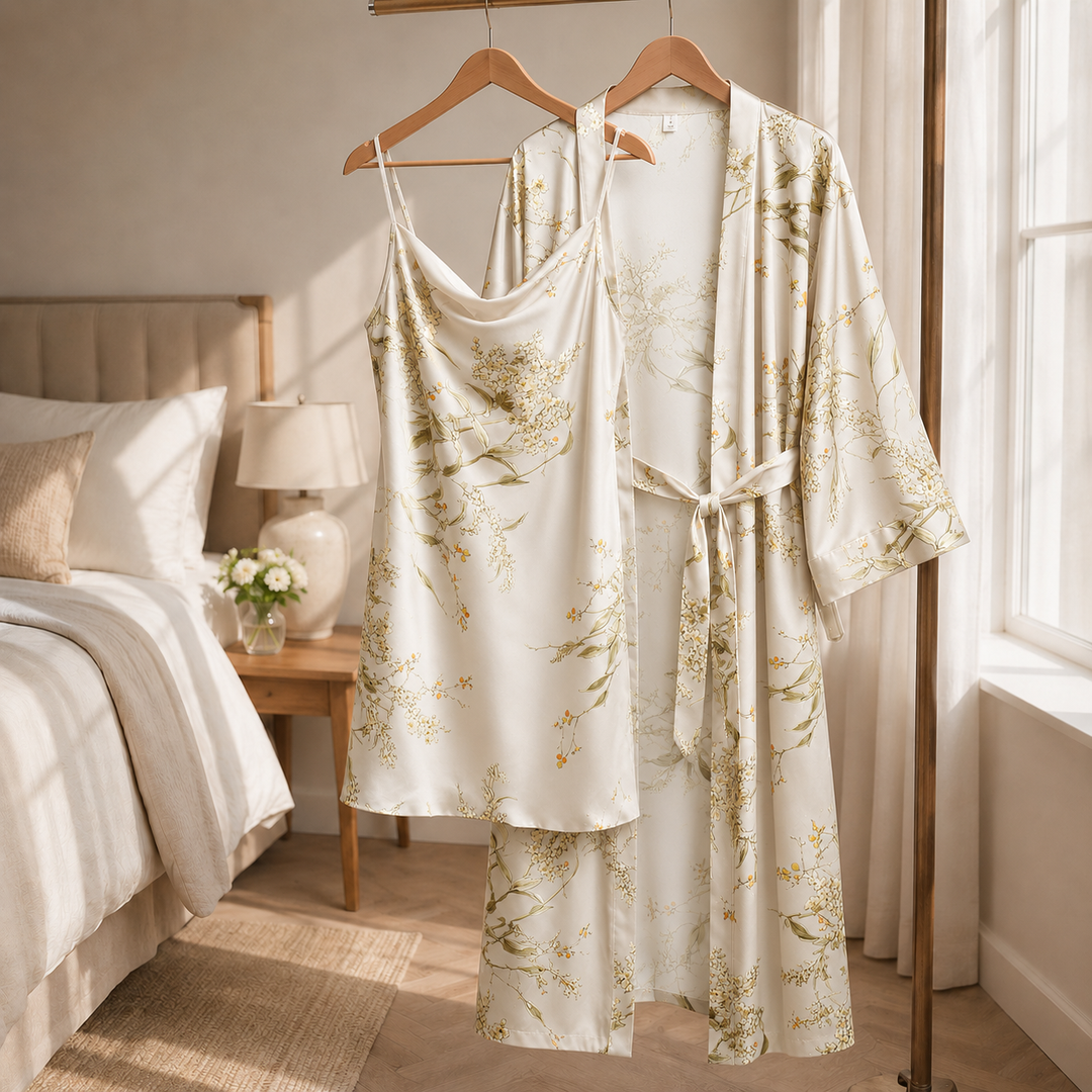 Satin Robe and Short Set - Three Piece
