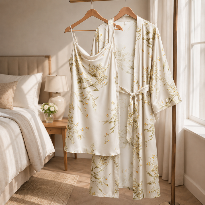 Satin Robe and Short Set - Three Piece
