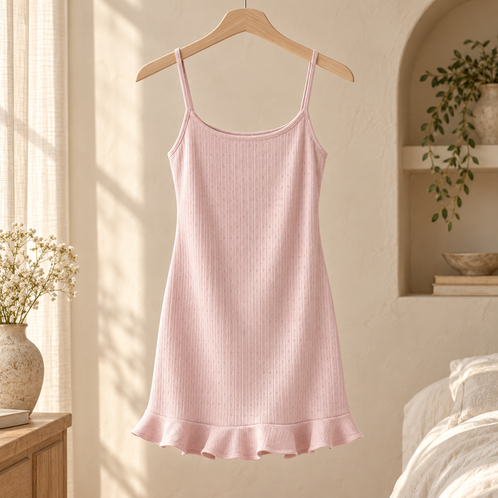 100% Cotton Pointelle Nightgown, Ruffle Hem Mini Chemise