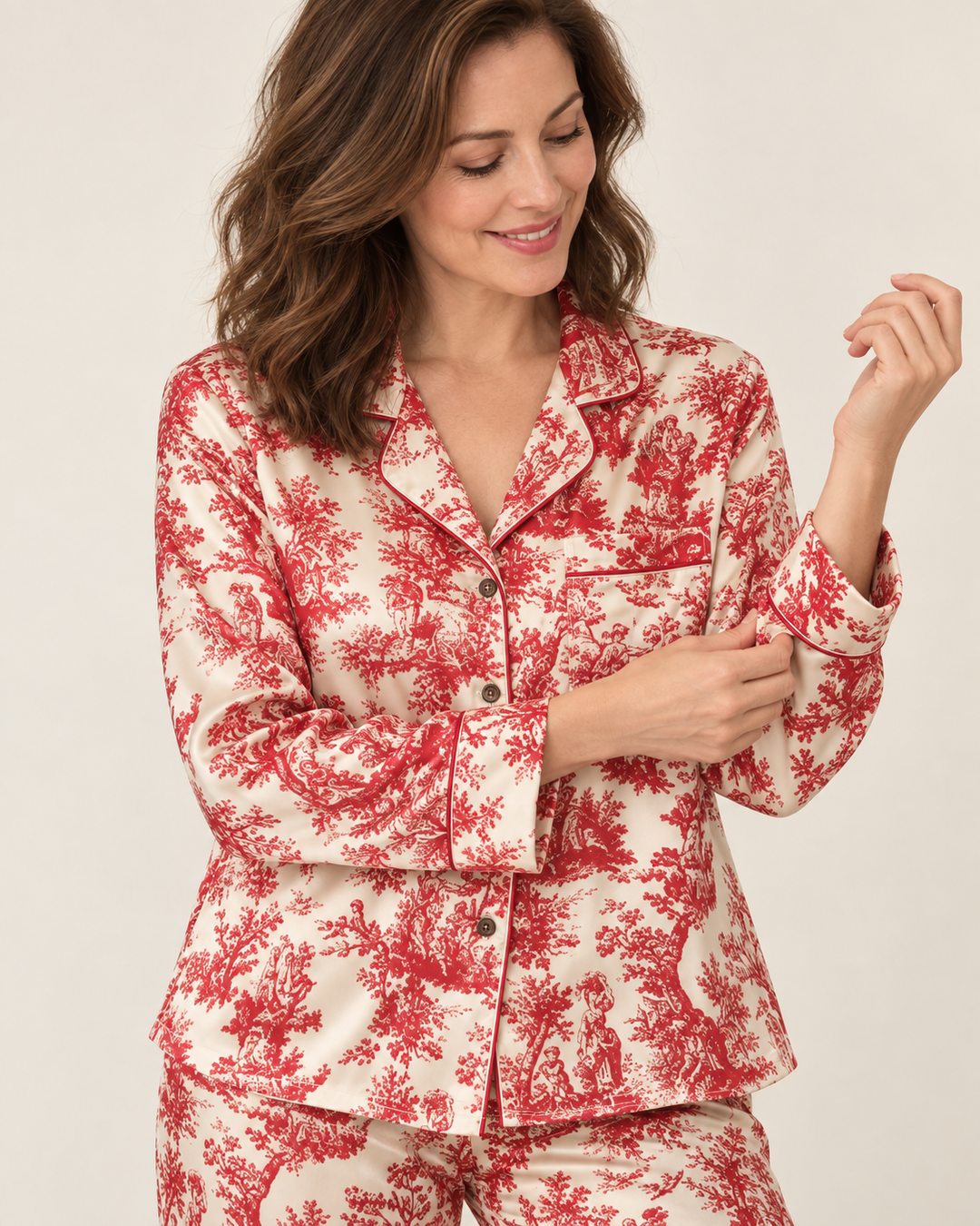 Toile Print Satin Pajama Set for Women, Long Sleeve Button-Up