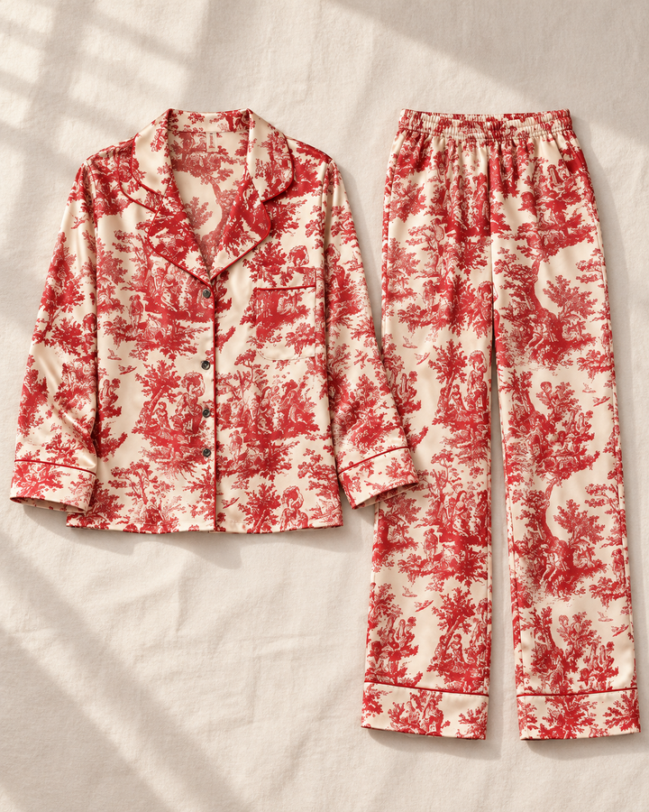 Toile Print Satin Pajama Set for Women, Long Sleeve Button-Up