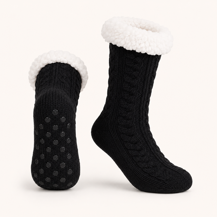 Cable Knit Slipper Socks - Sherpa Cuff, Non Slip