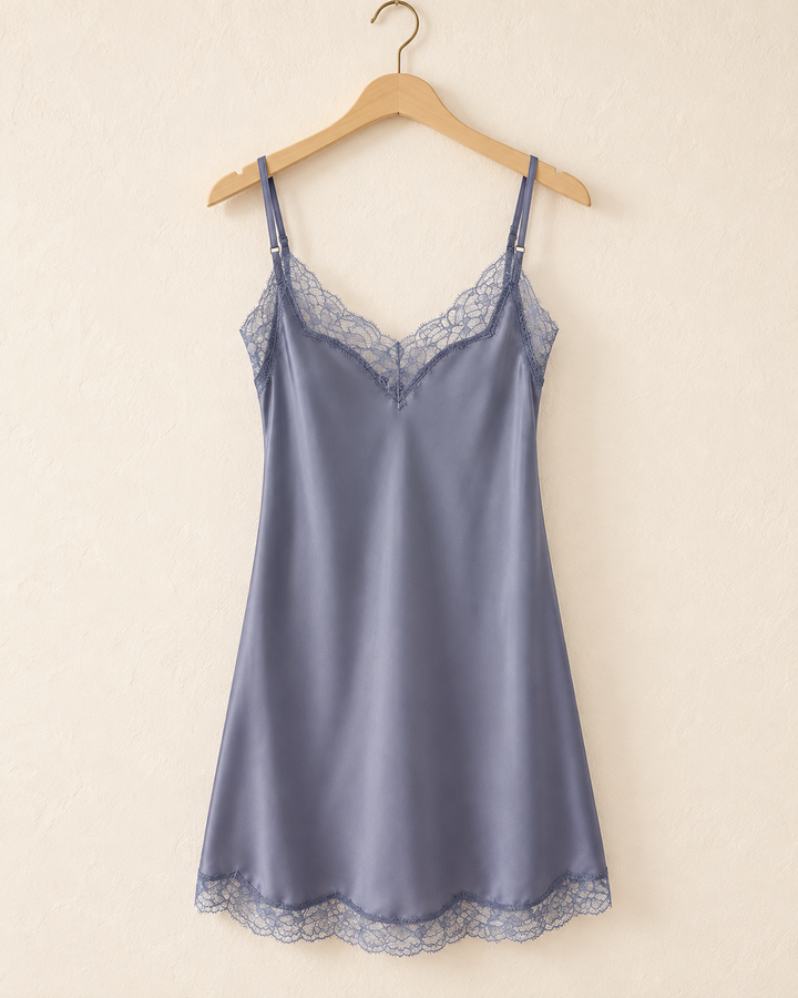 Satin Slip Nightgown for Women, V-Neck with Lace Trim