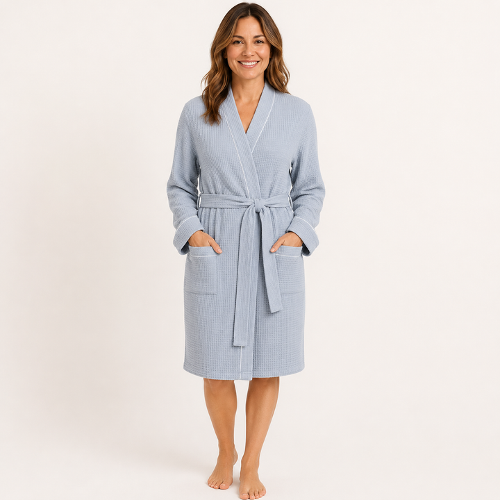 Long Waffle Bathrobe for Women, Cotton V-Neck Robe with Pockets