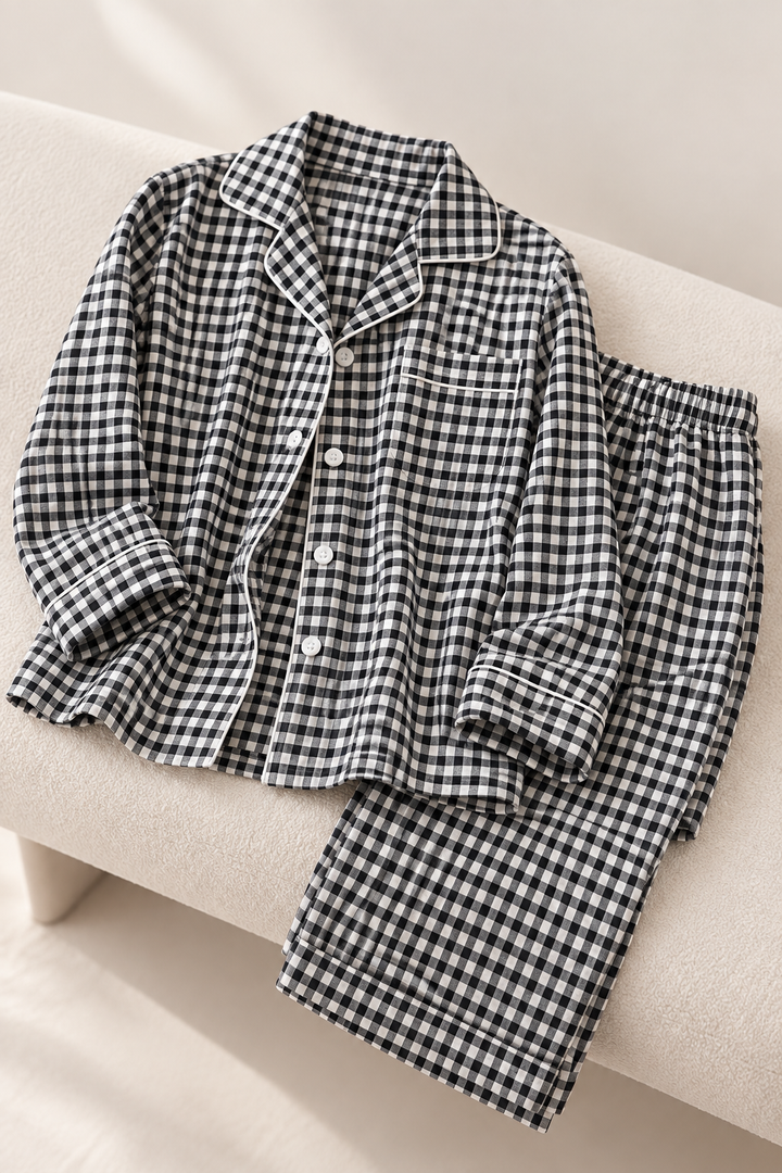 100% Cotton Double Gauze Pajama Set for Women, Plaid Long Sleeve
