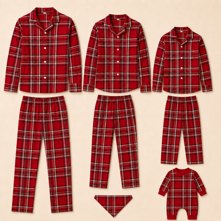 Matching Family Christmas Pajamas - Red Plaid Button Front Set