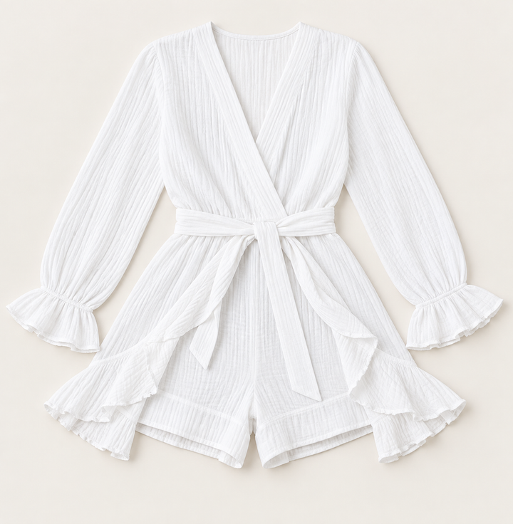 100% Cotton Pajama Set for Women, Long Sleeve Top and Ruffle Shorts