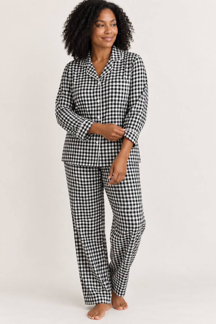 100% Cotton Double Gauze Pajama Set for Women, Plaid Long Sleeve