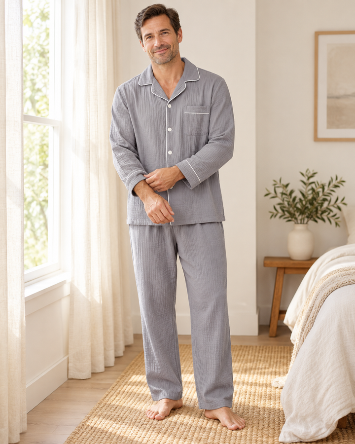 Matching Couples Pajamas, 100% Cotton Muslin Long Sleeve Button Set