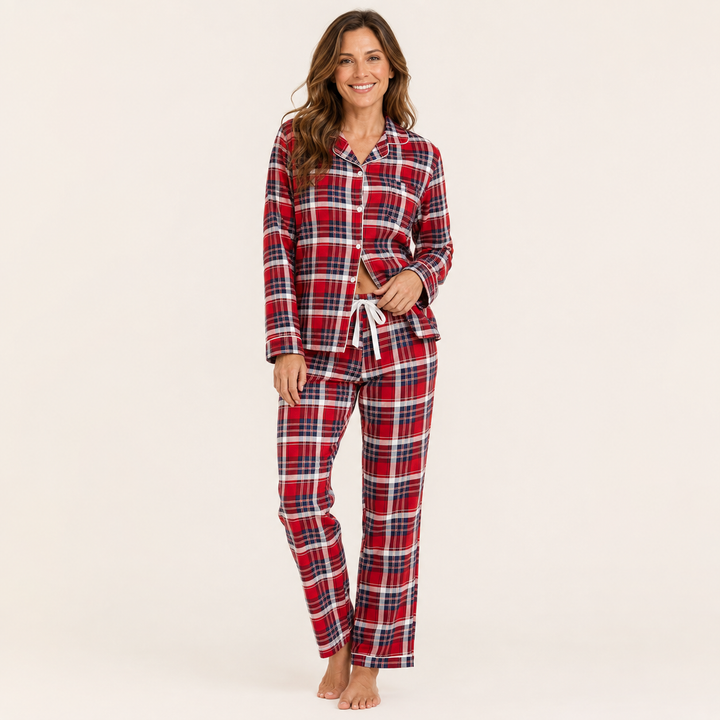 Red Plaid Pajama Set for Women, Long Sleeve with Turn-Down Collar