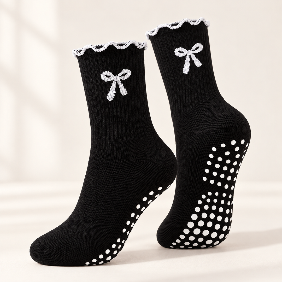 Pilates Grip Socks for Women, Non Slip Crew with Bow Detail