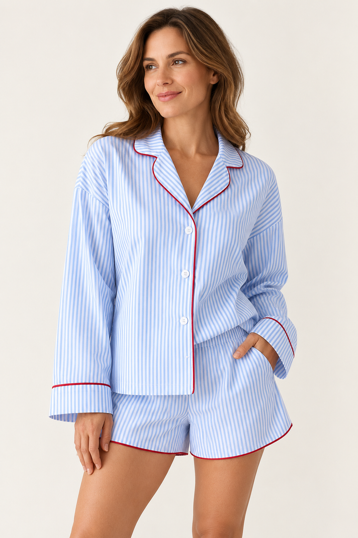 100% Cotton Striped Pajama Set for Women, Piped Top and Shorts