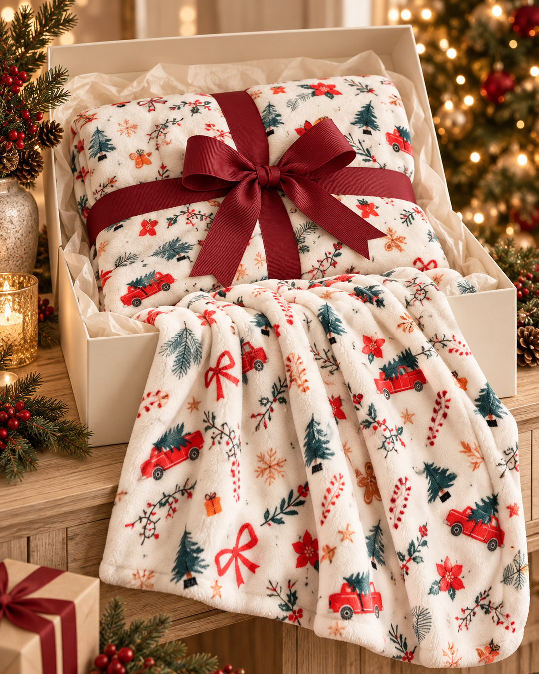 Christmas Fleece Blanket Gift, Ribbon-Wrapped Throw
