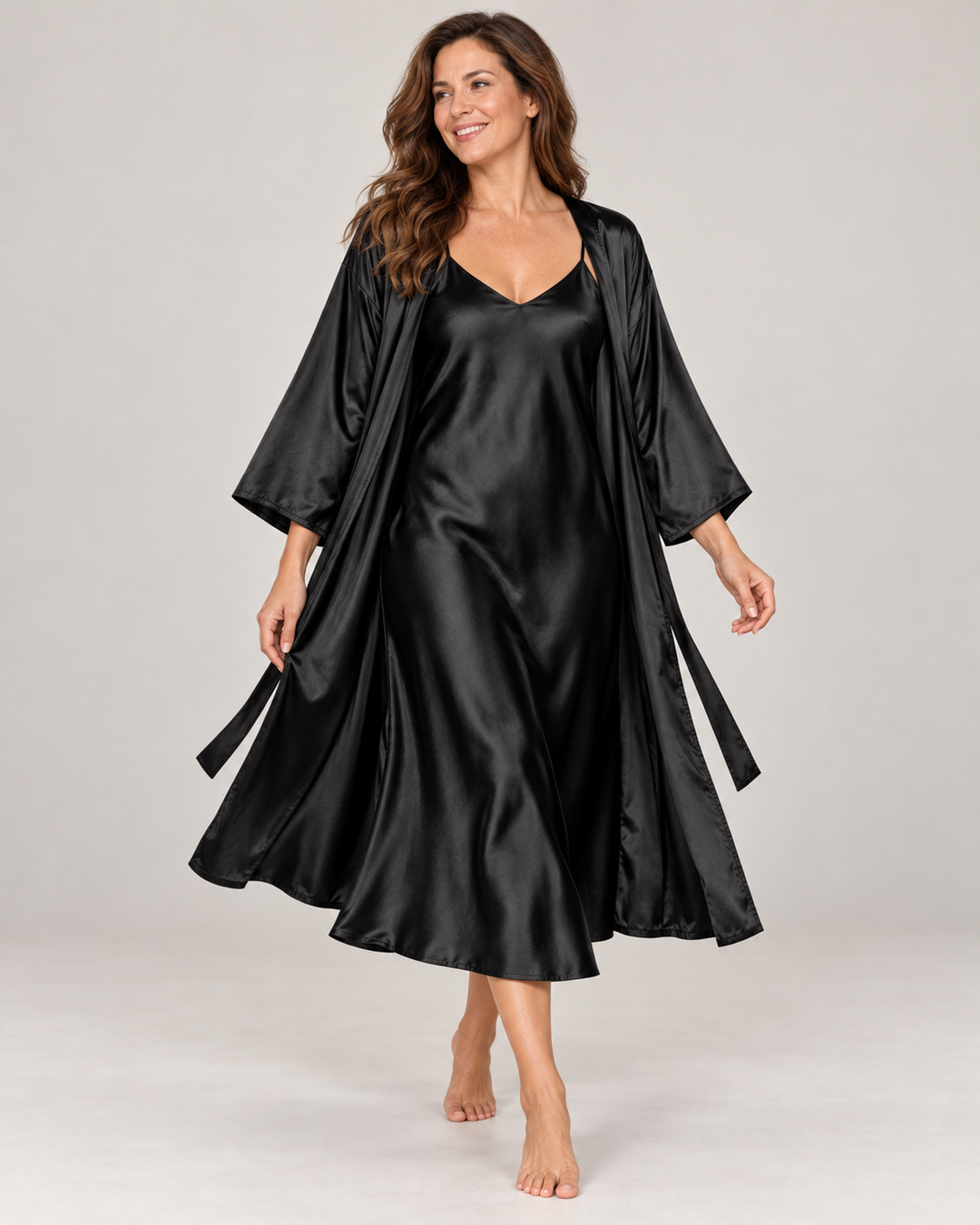 Satin Robe and Nightgown Set for Women, Long Robe with Slip