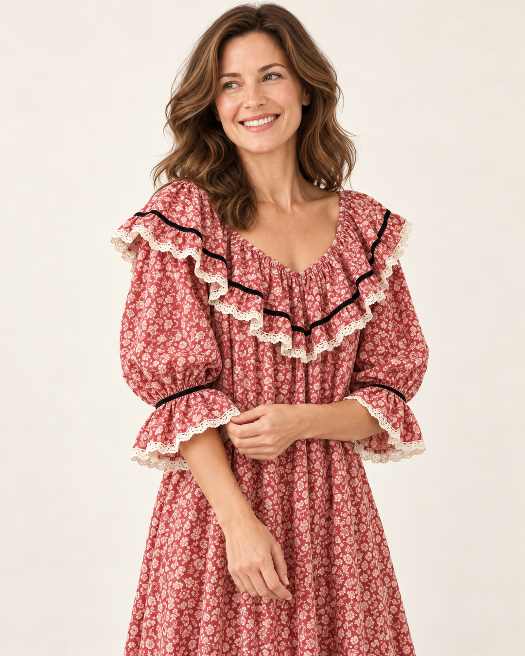 100% Cotton Nightgown for Women, Vintage Floral Ruffle Neckline