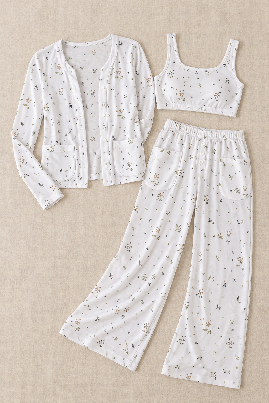 Cotton Blend Floral Pajama Set in White, 3-Piece with Cami