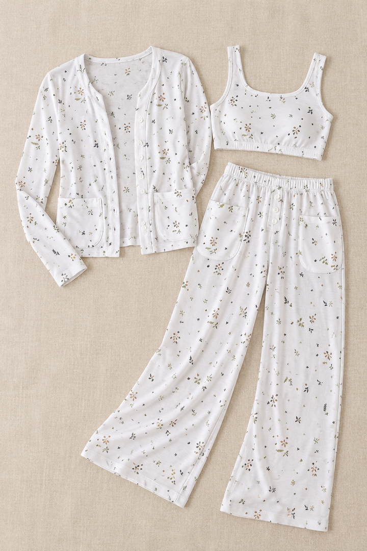 Cotton Blend Floral Pajama Set in White, 3-Piece with Cami
