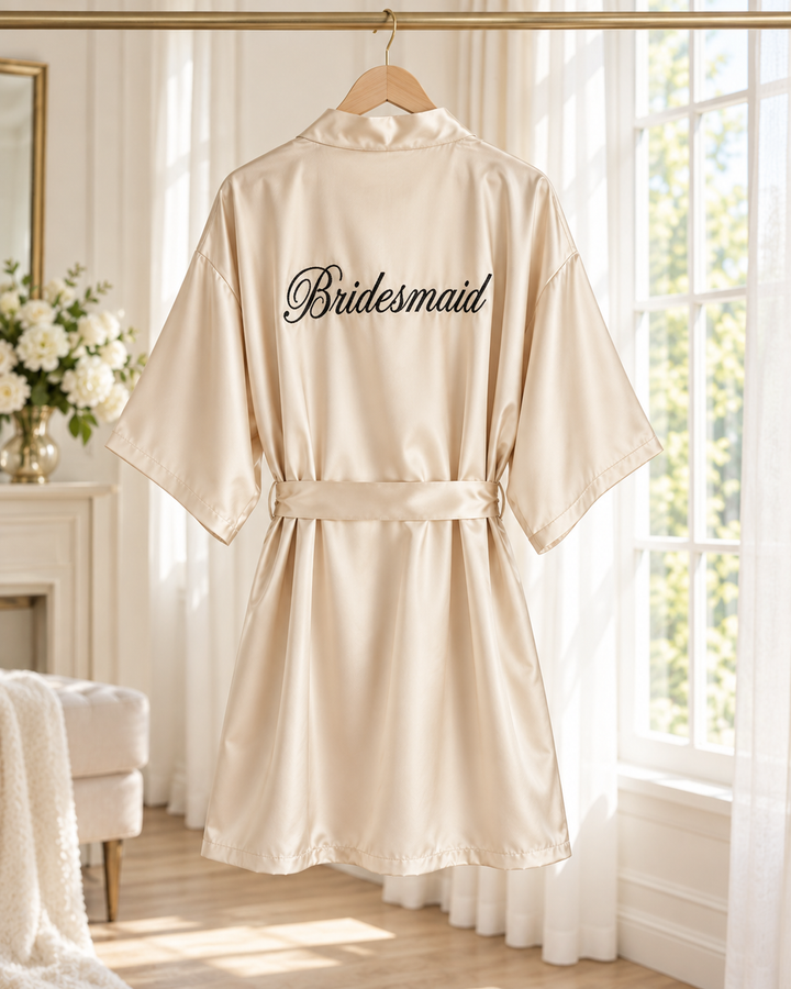 Bridal Party Satin Robe, Embroidered Bride &amp; Bridesmaid Kimono