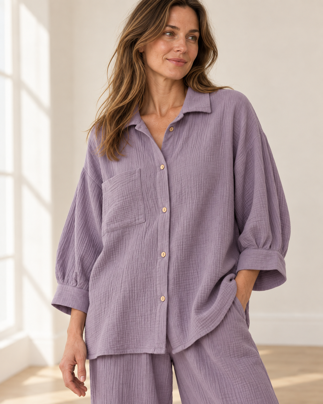 100% Cotton Muslin Lounge Set for Women, Shirt and Pants