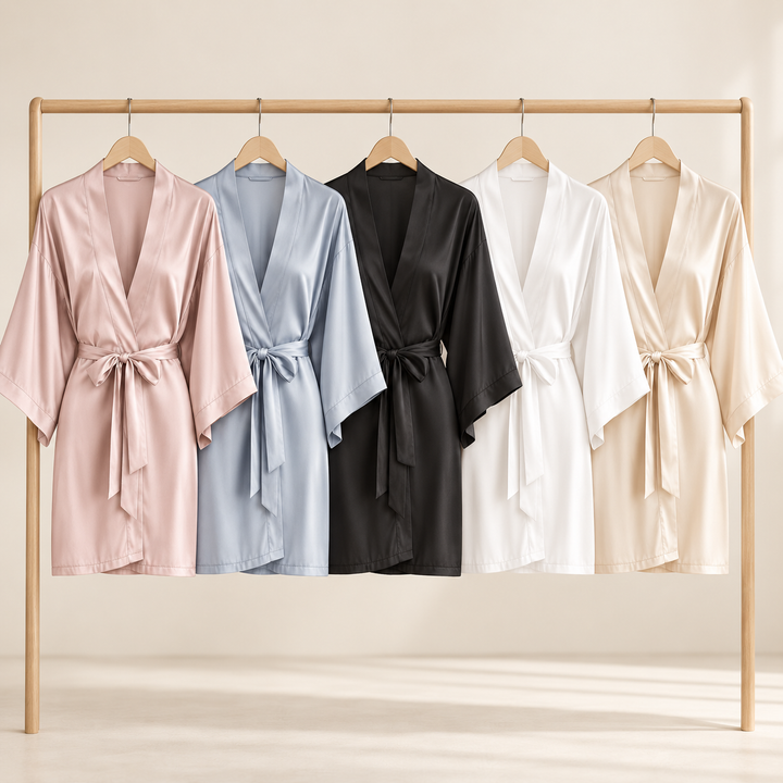 Satin Kimono Robe for Women, Short Wrap Robe with Wide Sleeves