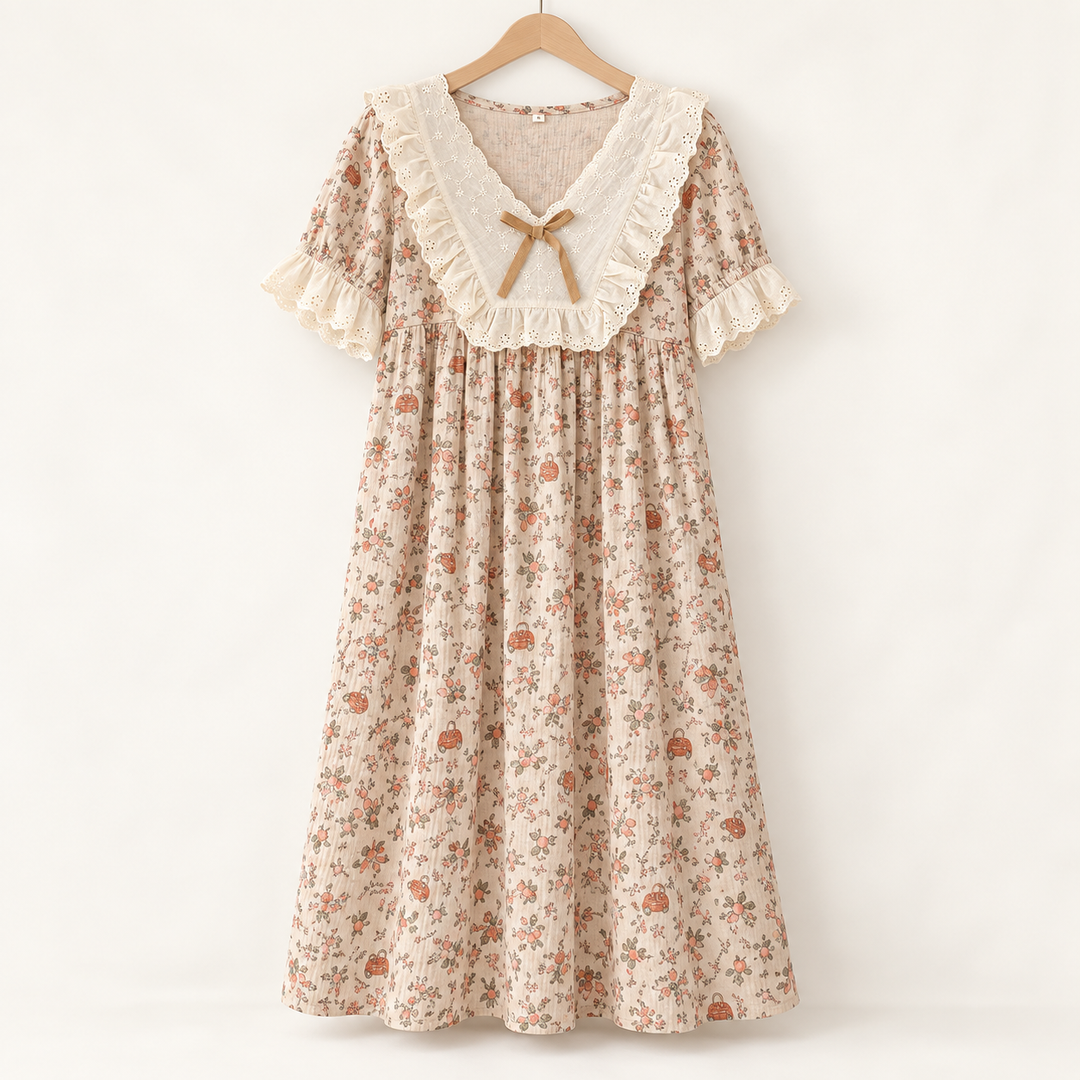 Cotton Nightgown for Women, Floral Print with Ruffle Collar
