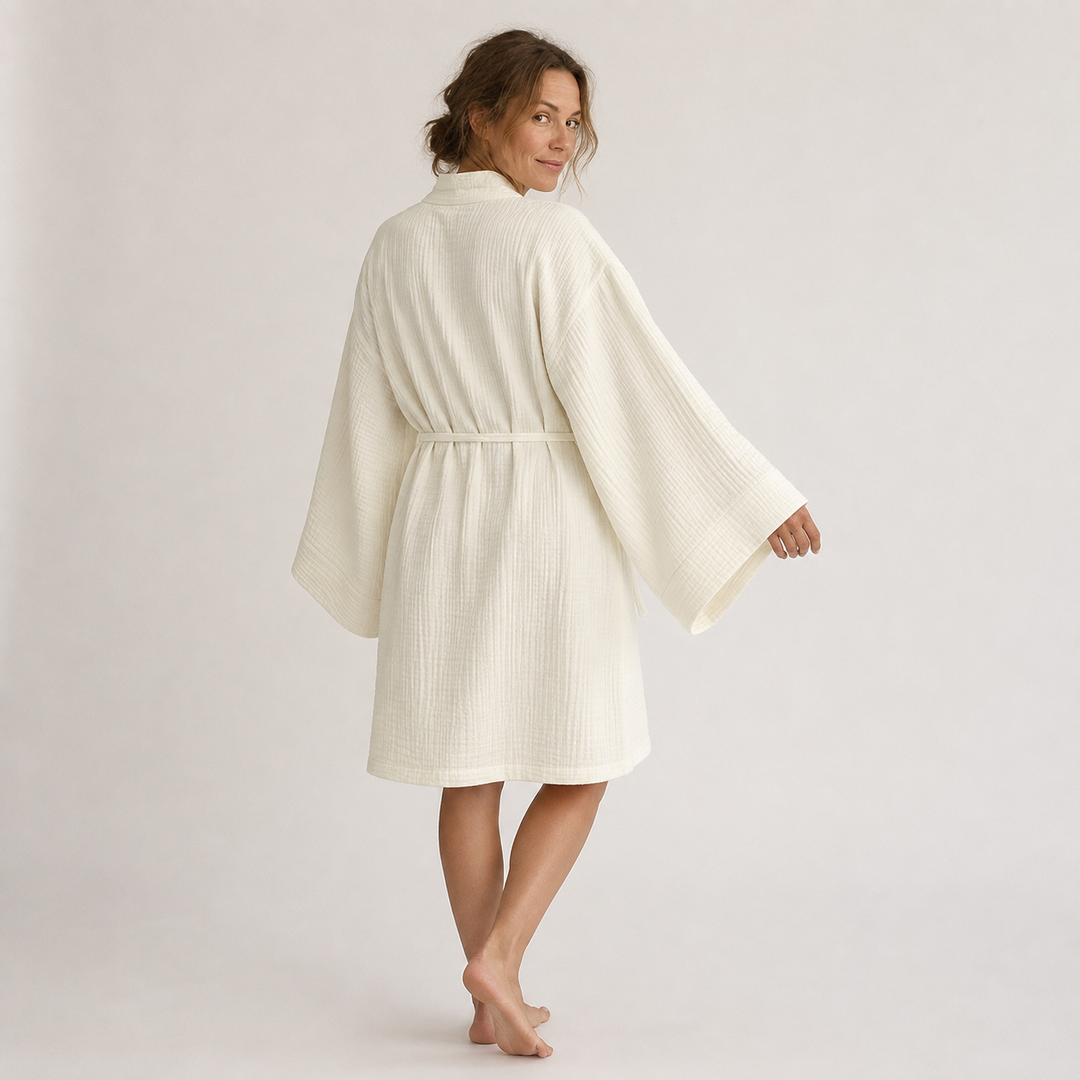 Cream Waffle Bathrobe for Women, Long Sleeve V-Neck with Belt