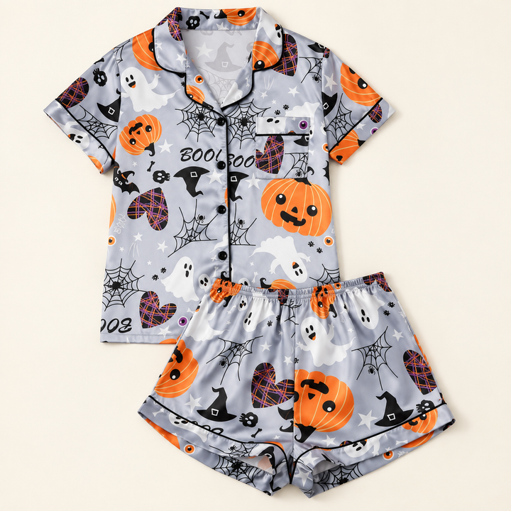 Satin Halloween Pajama Set for Women, Short Sleeve