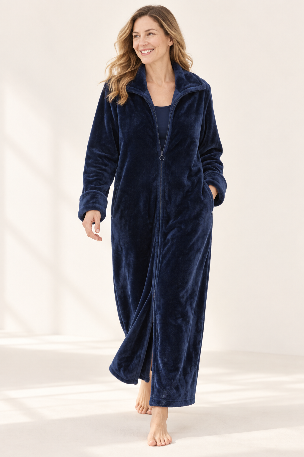 Long Zip-Front Flannel Fleece Robe for Women, Warm Housecoat