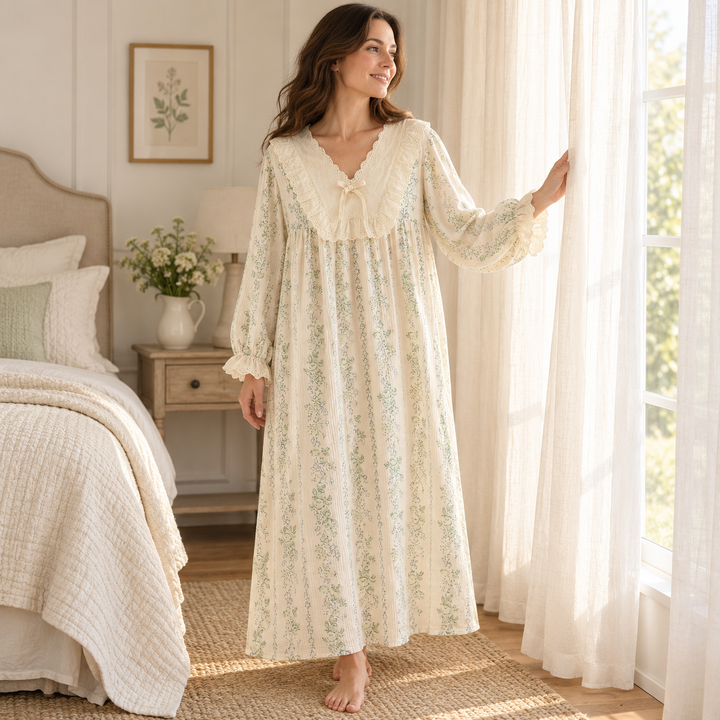 100% Cotton Nightgown for Women, Long Sleeve Floral