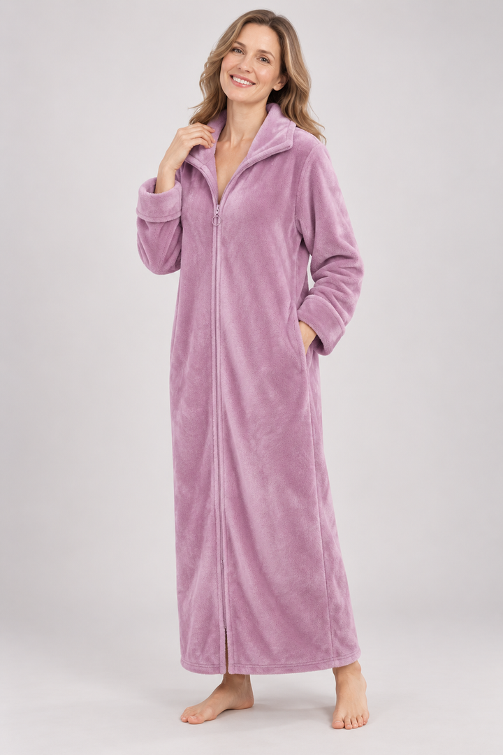 Long Zip-Front Flannel Fleece Robe for Women, Warm Housecoat