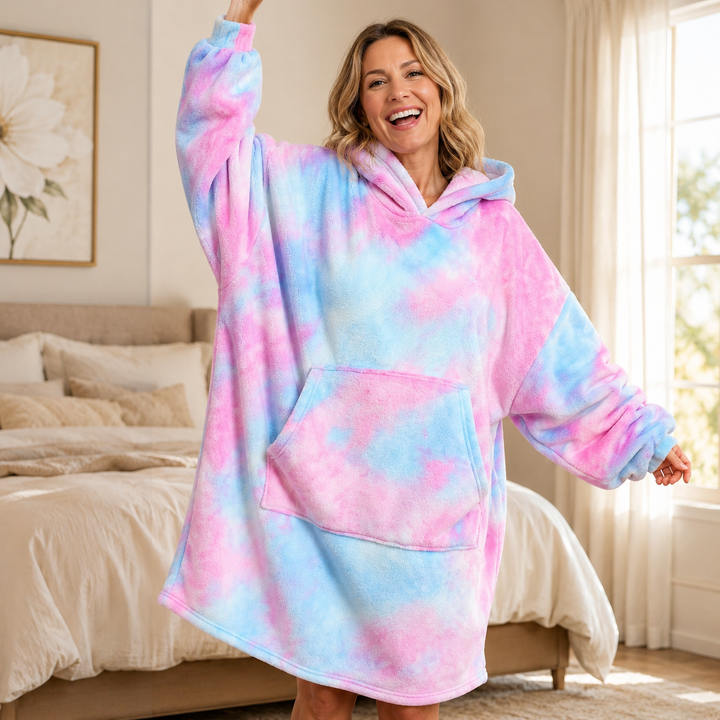 Oversized snuggle hoodie falling below the knee
