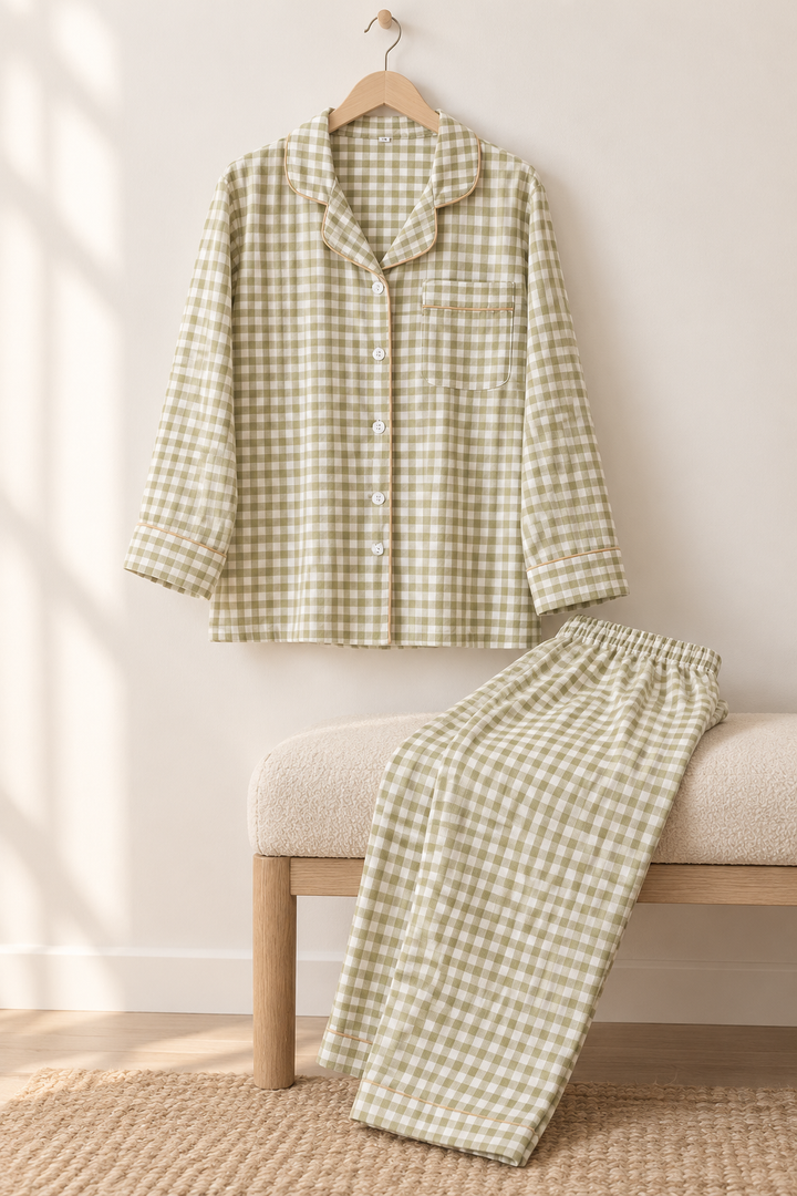 100% Cotton Double Gauze Pajama Set for Women, Plaid Long Sleeve