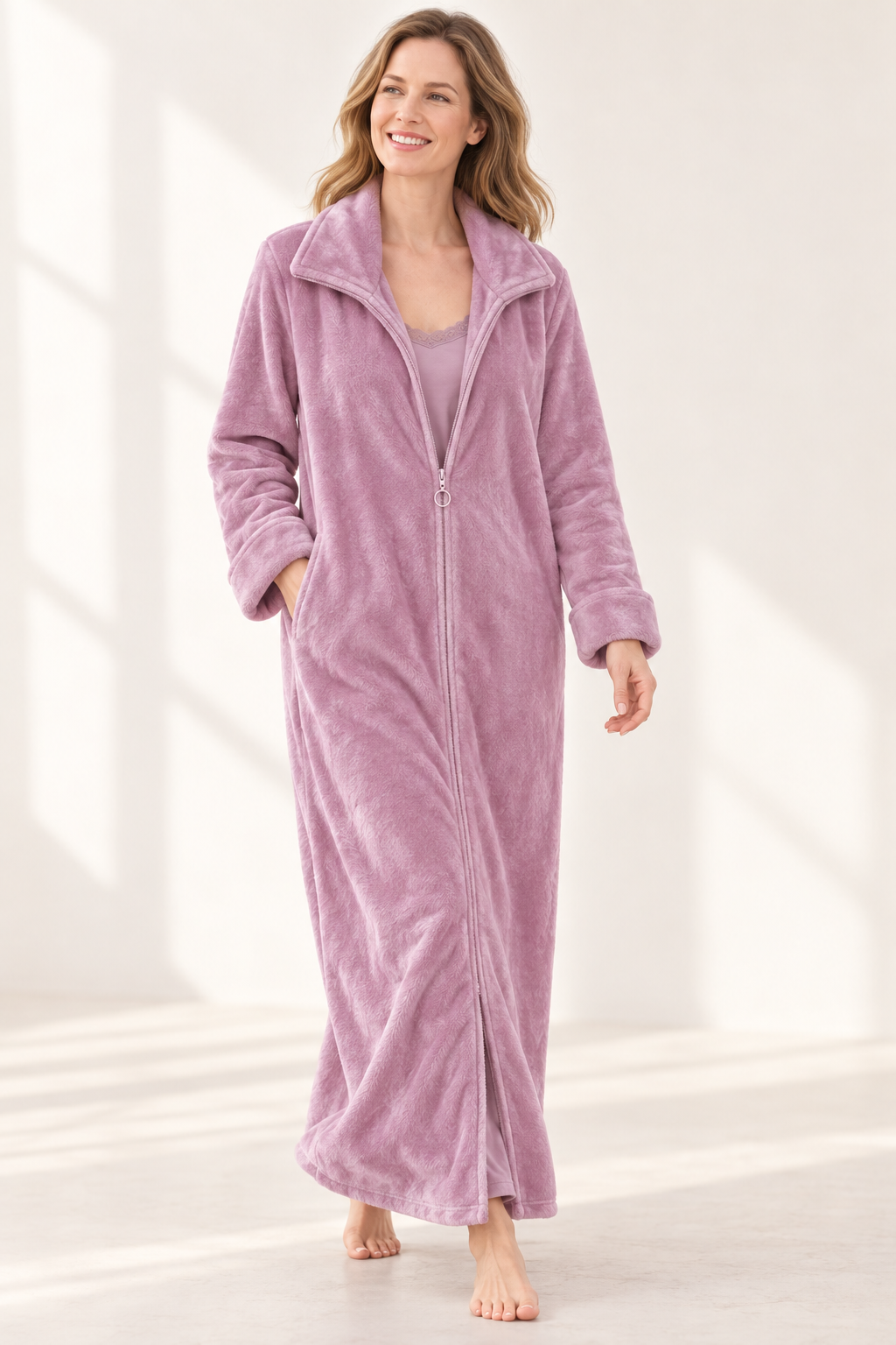 Long Zip-Front Flannel Fleece Robe for Women, Warm Housecoat