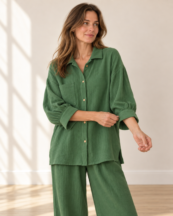 100% Cotton Muslin Lounge Set for Women, Shirt and Pants