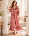 100% Cotton Nightgown for Women, Vintage Floral Ruffle Neckline