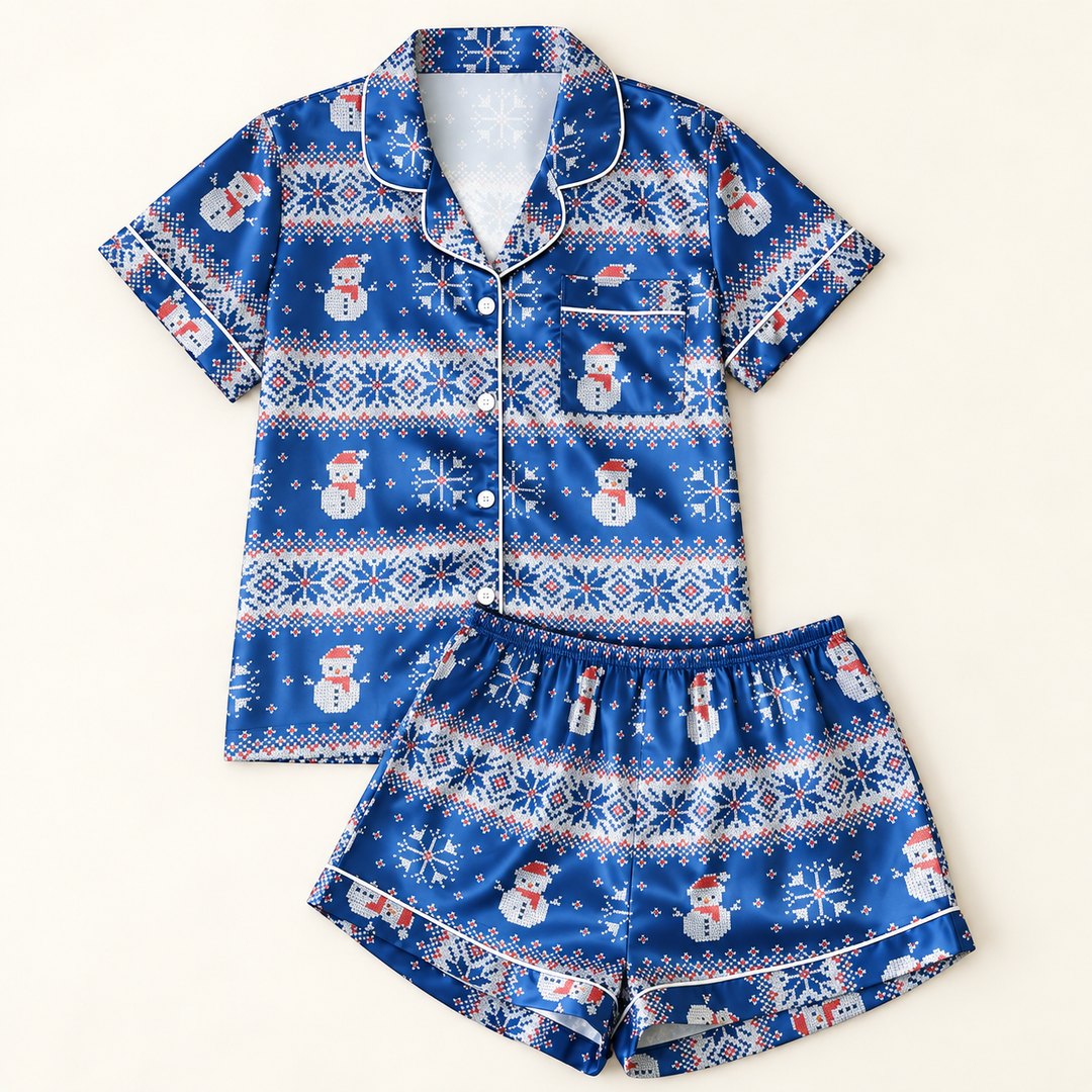 Blue Snowman Satin Christmas Pajama Set for Women