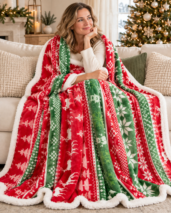 Fleece Christmas Blanket, Red and Green Knitted Stripe Gift