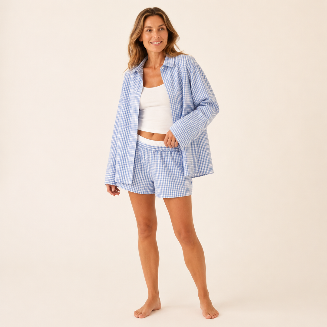Cotton Pajama Set for Women, Long Sleeve Top and Shorts