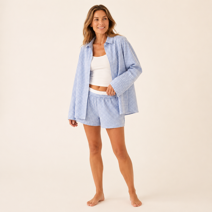 Cotton Pajama Set for Women, Long Sleeve Top and Shorts
