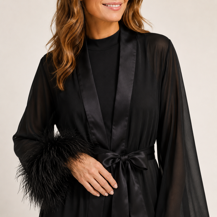 Sheer Feather Trim Robe - Long Sleeve