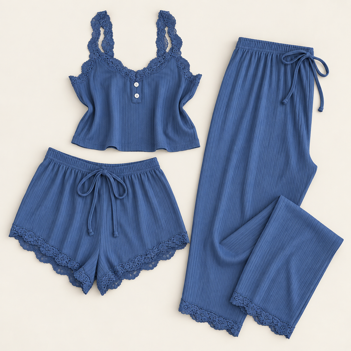 Satin 3-Piece Pajama Set for Women, Cami, Shorts and Pants