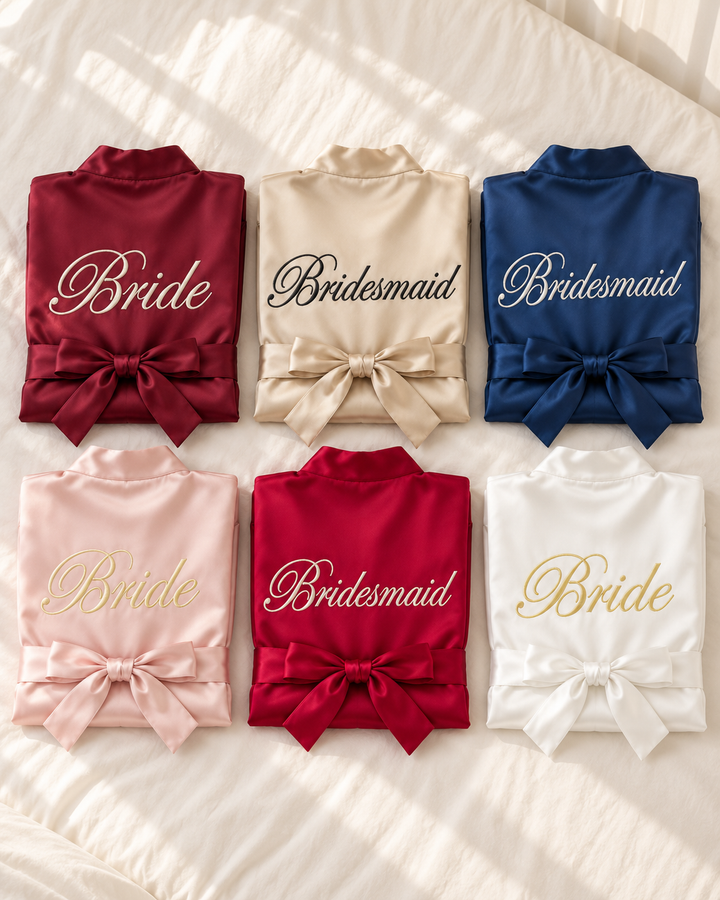 Bridal Party Satin Robe, Embroidered Bride &amp; Bridesmaid Kimono
