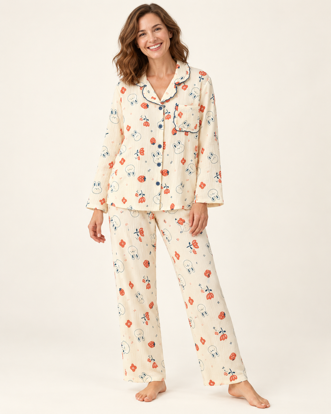 100% Cotton Muslin Pajama Set for Women, Cute Print Long Sleeve