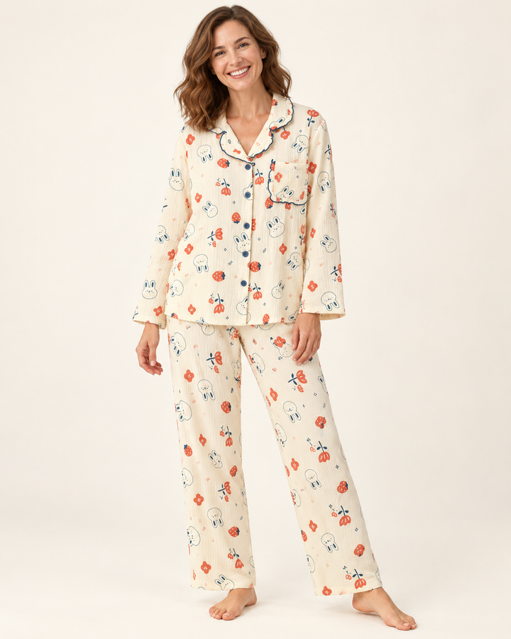 100% Cotton Muslin Pajama Set for Women, Cute Print Long Sleeve
