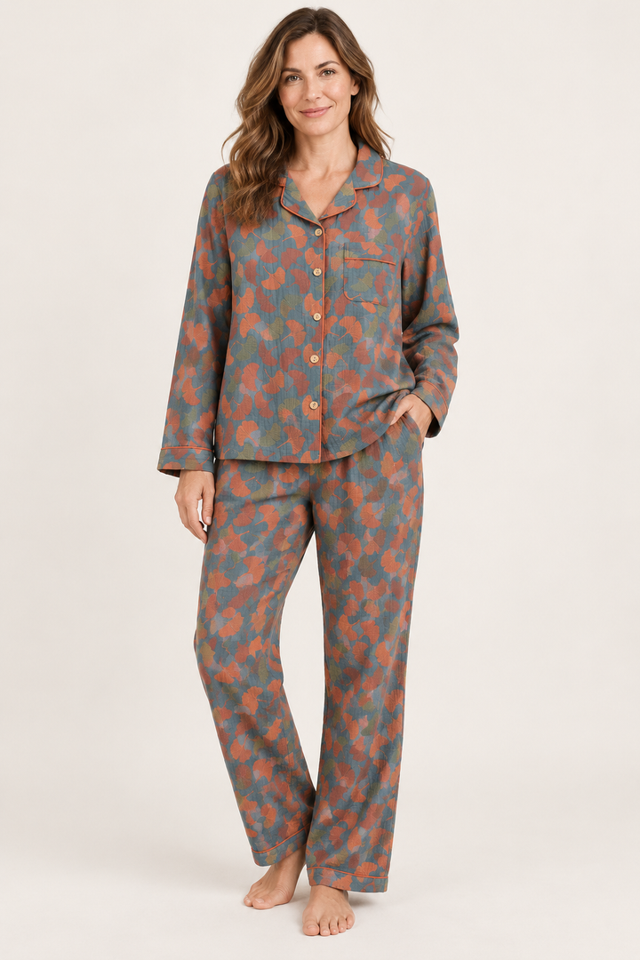 100% Cotton Floral Pajama Set for Women, Button-Down Long Sleeve