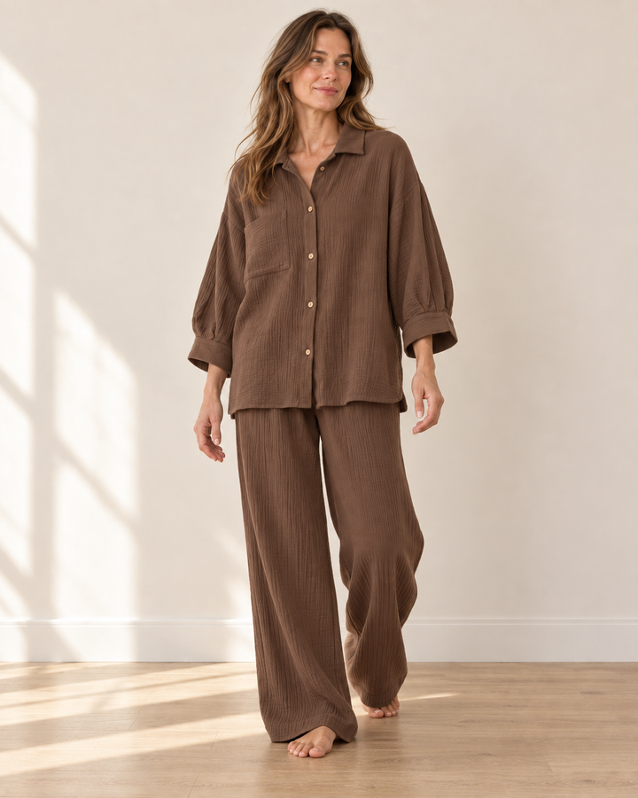 100% Cotton Muslin Lounge Set for Women, Shirt and Pants