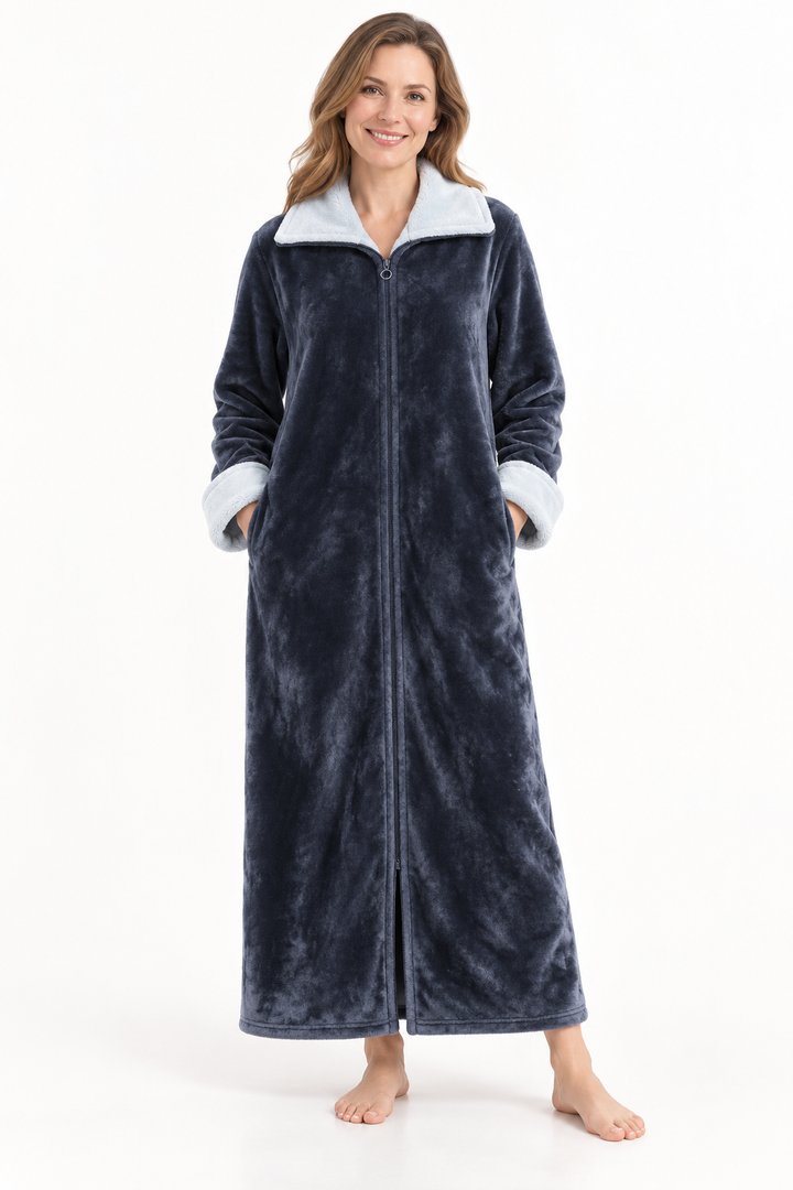 Long Zip-Front Flannel Fleece Robe for Women, Warm Housecoat